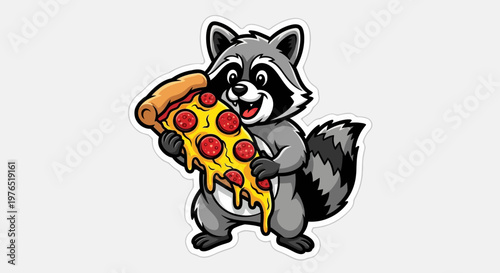 Playful cartoon raccoon holding a slice of pizza, humorous illustrated mascot.