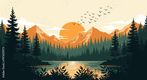 Serene Mountain Lake Landscape with Forest, Sunset, and Reflections.