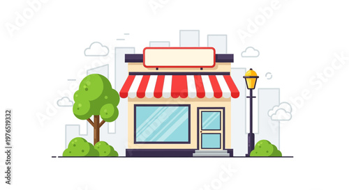 Cute small storefront shop with red striped awning in a sunny urban street scene.