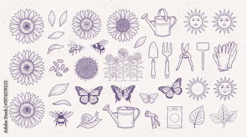 A charming collection of hand-drawn illustrations featuring sunflowers, bees, butterflies, gardening tools, and sunny motifs, perfect for a whimsical summer theme.