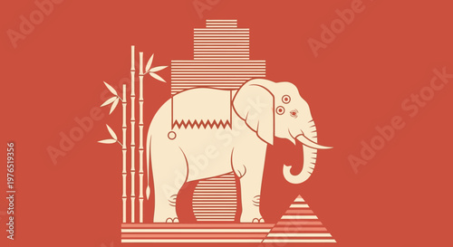 Stylized Elephant Illustration in Warm Desert Tones with Geometric Backdrop.