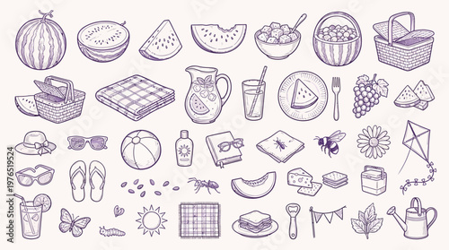 A delightful collection of hand-drawn illustrations depicting various elements associated with a summer picnic, including food, drinks, and leisure items.