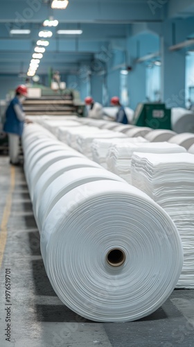There are large rolls of white textile material in the production hall. Industrial equipment is installed in the room, and employees in work uniforms are present in the background.
