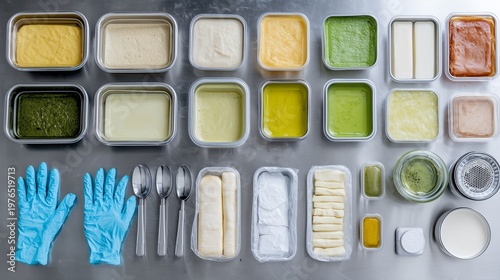 Top view of a desktop for making cosmetics. Plastic containers with creams, gels and emulsions of various colors and consistency are placed on the metal surface.