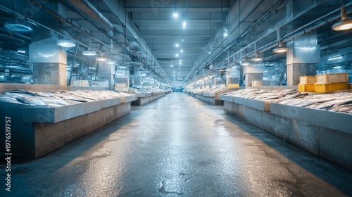 The interior of the fish market with long rows of stalls filled with fish and seafood. There is a wide aisle between the rows.