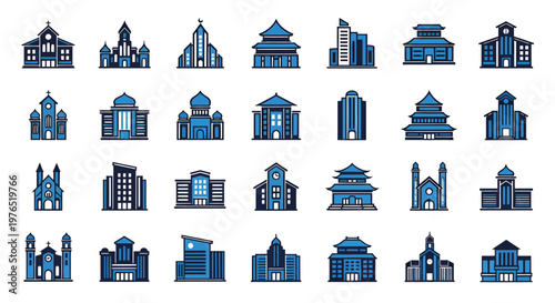 Collection of blue architectural icons featuring diverse buildings and structures.