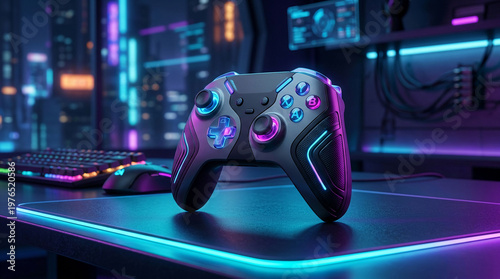 Gaming controller on neon lit surface.