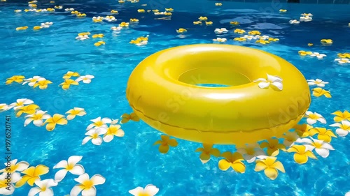 Yellow Inflatable Pool Ring Floating Surrounded by Tropical Flowers
