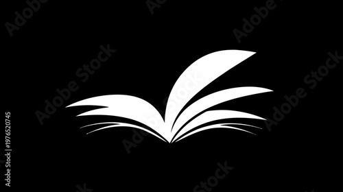 Minimalist white open book icon with fanned pages against a black background, representing education, learning, and wisdom.