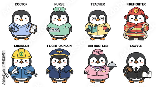 Set of funny cartoon animals featuring a cute panquin, character collection in a vector illustration Animal in Uniform, Doctor, Nurse, Firefighter, Air Hostess, Flight Captain, Teacher, Engineer