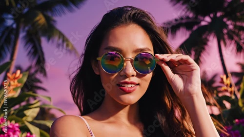 Asian woman wearing colorful round sunglasses posing in front of tropical palm trees at sunset