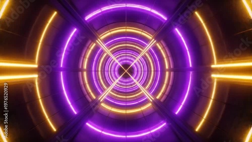 Hypnotic Neon Tunnel: Dynamic Purple and Gold Light Show, Abstract Motion Graphics