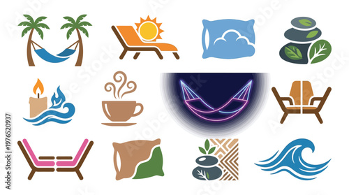 Collection of icons representing relaxation, vacation, and comfort, including hammocks, lounge chairs, pillows, coffee, candles, and nature elements.