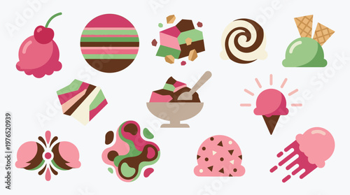 A vibrant collection of stylized ice cream and dessert illustrations, featuring various flavors and artistic representations.