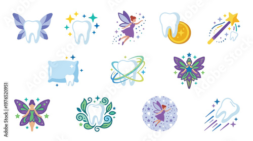 Collection of whimsical illustrations featuring tooth fairies, sparkling teeth, and magical elements, symbolizing dental care and childhood wonder.