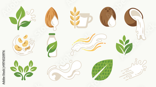 Collection of stylized icons representing various plant-based milk alternatives and ingredients, including almonds, oats, coconuts, and leaves.