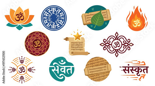 Collection of Om symbols and Sanskrit script designs, representing spirituality and ancient Indian culture.