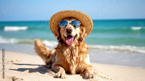 Golden Retriever dog wearing a straw hat and sunglasses lying on a sunny beach