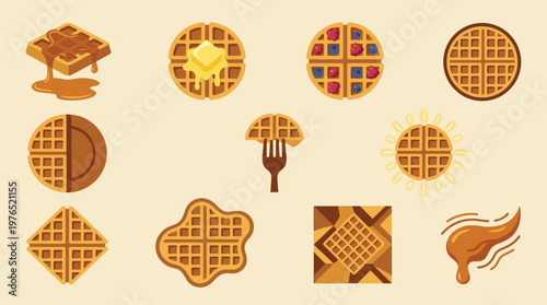 A collection of diverse waffle illustrations, showcasing various shapes, toppings, and serving styles, including syrup, butter, and berries.