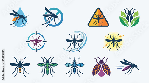 Collection of stylized mosquito icons and symbols representing pest control, disease prevention, and insect repellent.