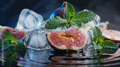 Fresh Figs and Mint Leaves Being Drenched with Water on Ice Cubes