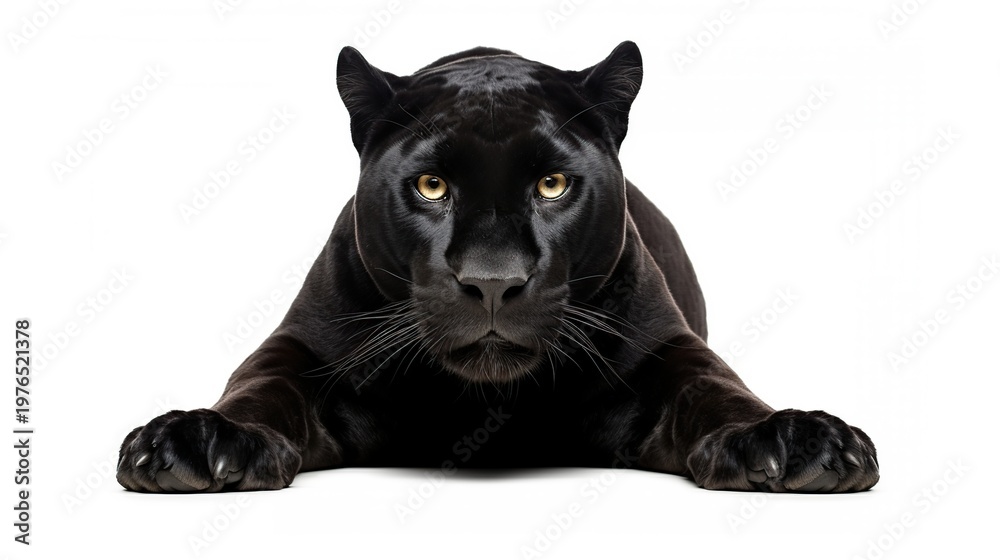 Obraz premium A Sleek Black Panther Resting Low With Forelegs Extended Directly Toward the Viewer