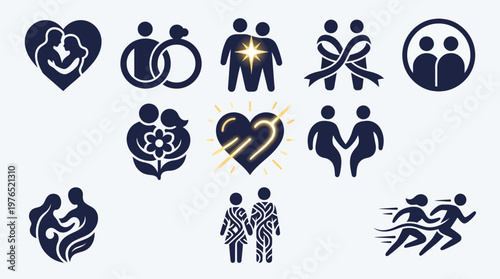 Collection of stylized icons representing relationships, love, partnership, and community.
