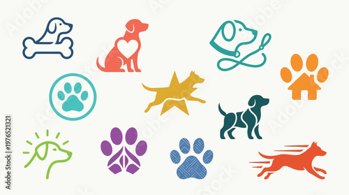 Collection of stylized dog icons and paw prints, representing pet care, adoption, and veterinary services.