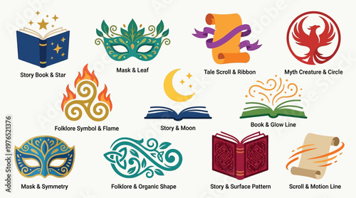 Collection of fantasy and folklore inspired icons including books, masks, scrolls, and mythical creatures, suitable for storytelling and creative projects.