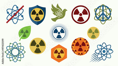 Collection of stylized icons representing nuclear energy, radiation, peace, and environmental themes.