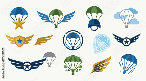 Collection of Parachute and Wing Emblems for Military and Aviation Themes.