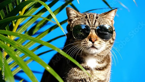 Tabby cat wearing sunglasses behind palm leaves on a blue background