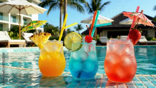 Tropical fruit cocktails with ice and fruit garnish poolside