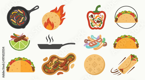 A vibrant collection of flat design icons representing various elements of Mexican cuisine, including tacos, fajitas, and cooking utensils.