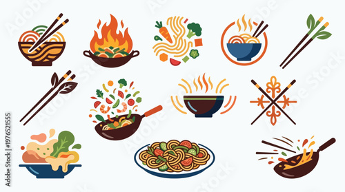 Collection of stylized illustrations depicting various Asian food dishes, ingredients, and cooking utensils, emphasizing noodles and stir-fries.