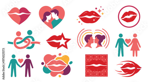 Collection of stylized icons representing love, romance, and relationships, featuring lips, hearts, and embracing couples.