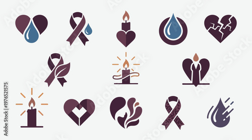 Collection of symbolic icons representing grief, loss, remembrance, and support, featuring elements like hearts, candles, and ribbons.