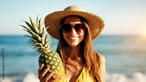 Smiling woman wearing straw hat holding pineapple on beach