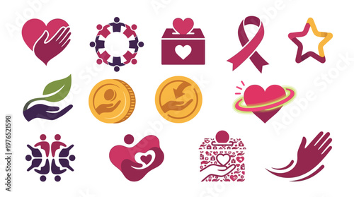 Collection of diverse icons representing charity, support, and community initiatives with hearts, hands, and donation symbols.