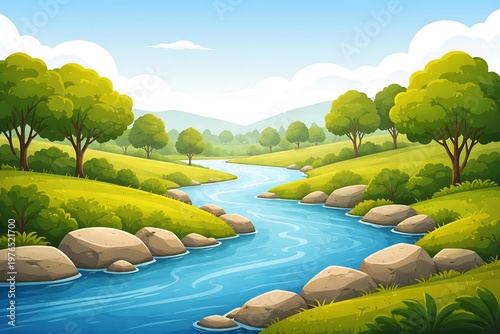 Cartoon river flowing through a serene natural landscape with lush greenery and rocks