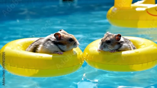 Small hamster floating on a yellow toy ring in a blue swimming pool