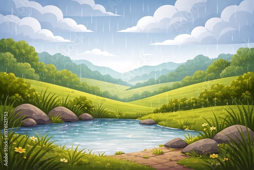Cartoon landscape with a serene pond surrounded by lush greenery and rocks on a rainy day with beautiful clouds