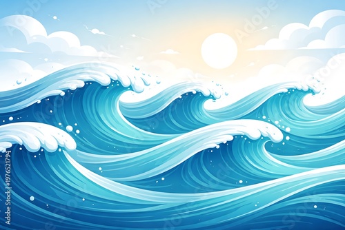 Ocean waves crash with white foam under sunny sky with clouds