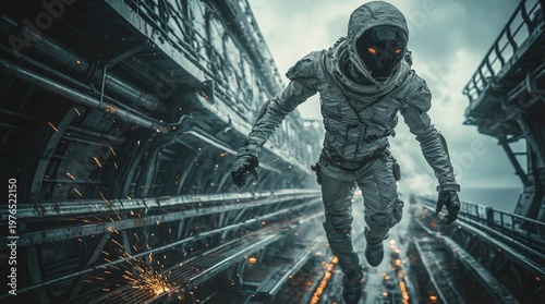 Cinematic shot of a Sci-Fi figure with a white spacesuit and digital black face, floating