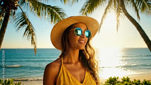 Latina woman wearing sun hat and sunglasses relaxing on tropical beach at sunset
