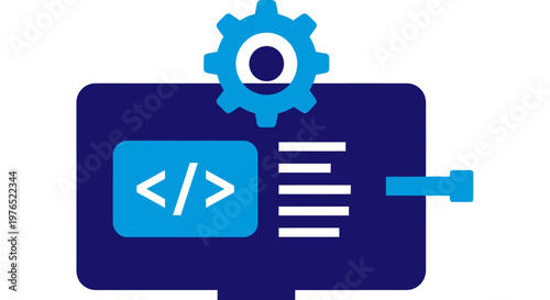 Illustration of coding on a monitor with gears and code symbols representing software development and technology.