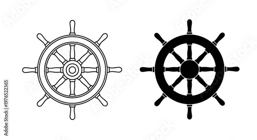 Pair of ship steering wheels icons in light gray and solid black.