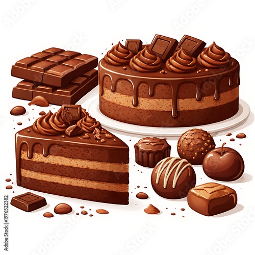 Delicious chocolate cake and assorted chocolates on a white plate and surface