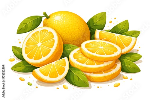 Freshly sliced lemons with green leaves on a white background