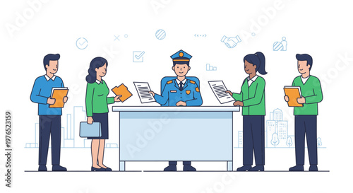 Illustration of a group of office workers interacting with a receptionist at a desk with computers and documents.